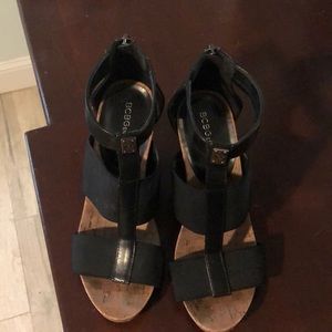 BCBG black wedge sandals